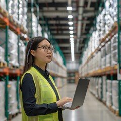 Young Asian female warehouse worker with laptop in industrial setting