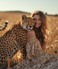 A smiling woman in a cheetah print dress poses with her pet cheetah tiger on the savanna, in the style of a National Geographic photo