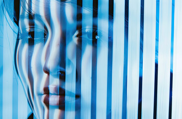 A womans face behind blue and white vertical striped glass, with horizontal lines of light in the background