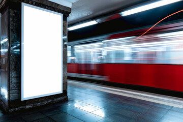 Long exposure, white vertical mock up banner on underground station with motion blurred train.