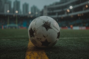 Soccer ball lies on rain-soaked pitch, stadium lights muted in mist, anticipation of match palpable in stillness. Water droplets bead on leather of grounded football, arena's ambiance softened drizzle
