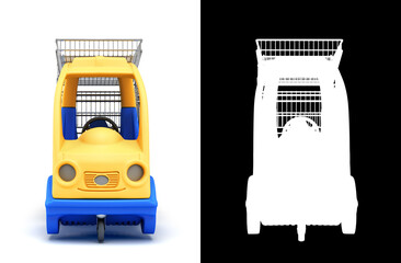 Baby blue car with a shopping basket in the back front view 3d render on white with alpha