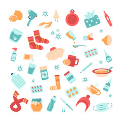 Set of medicines for symptoms cold or flu, elements of Illness treatment. Various pills, tablets, sprays, drops, for fever, viral diseases. Prevention of sickness. Isolated vector illustration