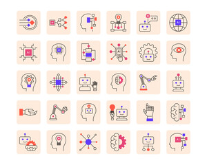 Icons set of robotics with artificial intelligence. Pictograms of digital AI technology, machine learning, smart robots. Isolated line vector illustration