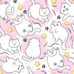 The seamless pattern with a kawaii white kittens. Children's cartoon illustration with cute cats and stars.