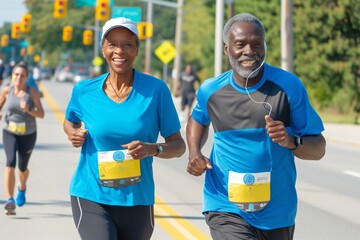 Vibrant couple in coordinated blues jog with elation, marathon in full swing, background blurred with motion. Smiling duo in sporty tees sprint, as other contestants trail in sunlit race setting.
