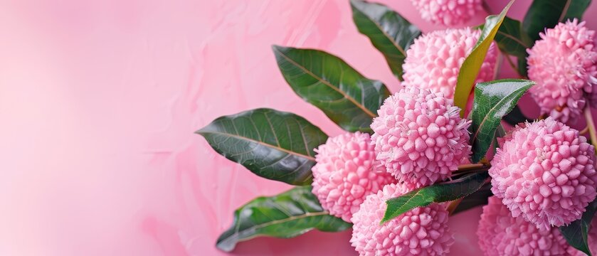   Pink flowers with green leaves against a pink backdrop Include text area above image