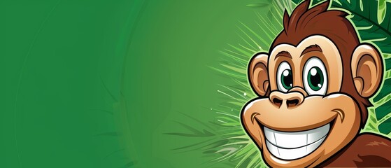   A cartoon monkey grinning, surrounded by green leaves against a green backdrop