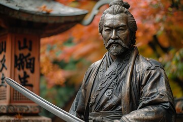 A detailed bronze statue of a samurai warrior in traditional armor, set against a colorful autumn background