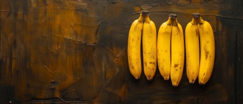   Five bananas against a brown, deteriorating wall with peeling paint Behind them, more peeling paint
