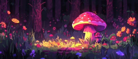   A mushroom painted in a forest, its middle blooming with flowers and surrounding grass A fire burns at its core - obrazy, fototapety, plakaty