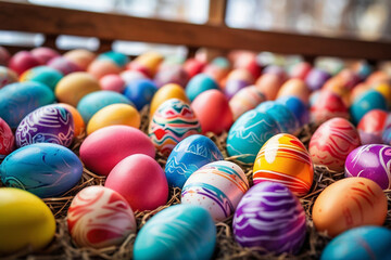 Easter Eggs background showing cute colorful lined cover on eggshell