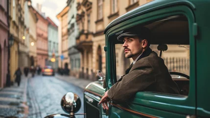 Papier Peint photo Lavable Voitures anciennes A driver in vintage car in the street of Prague. Czech Republic in Europe.