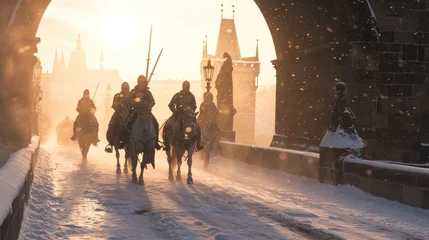 Foto op Aluminium A team of medieval cavalry in armor on horseback marching in Prague city in Czech Republic in Europe. © rabbit75_fot