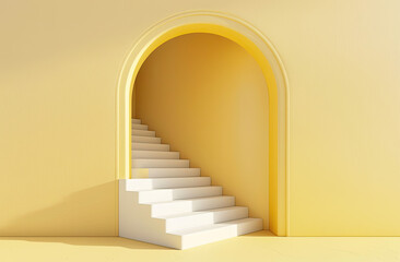arch shaped doorway leading to stairs in the style of minimalism, yellow color palette, light background 