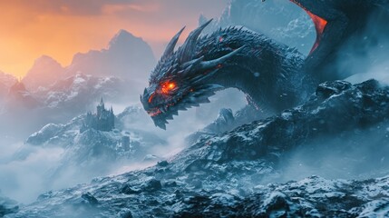 A dragon stand resting on top of a mountain at sunrise with its wings folded. - obrazy, fototapety, plakaty