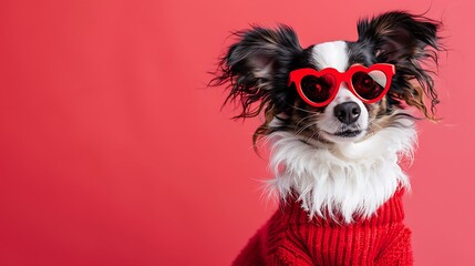 adorable dog wears heart-shaped glasses and a red sweater on colored background
