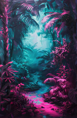 beautiful jungle scene, neon pink and teal lighting - obrazy, fototapety, plakaty
