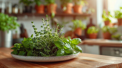 a bunch of thyme, basil, oregano on a plate - 776166504