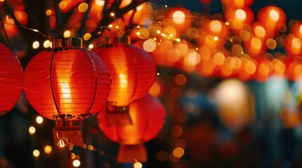 Beautiful red lanterns in street to celebrate Chinese lunar new year. - obrazy, fototapety, plakaty