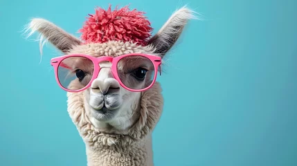 Photo sur Plexiglas Lama Alpaca with partylcap and shades on blue background