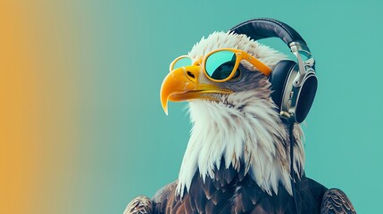 bald eagle wearing sunglasses and headphones on colored background - obrazy, fototapety, plakaty