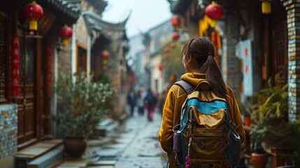 A female traveler in old town street with Chinese lunar new year decoration. - obrazy, fototapety, plakaty