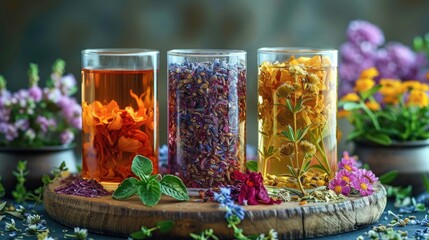 A calming herbal tea assortment, promoting relaxation and health, solid color background, 4k, ultra hd - obrazy, fototapety, plakaty