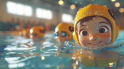 Animated scene of a children's swimming relay in a school pool, promoting water safety and competitive spirit, solid color background, 4k, ultra hd
