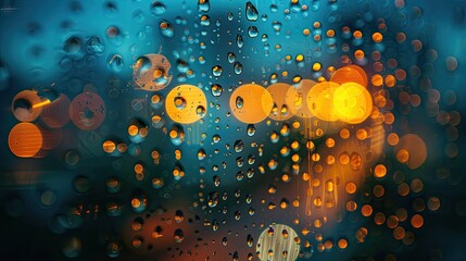 Artistic photo of raindrops on a window with a blurred, rainy landscape in the background, evoking a sense of hydration, solid color background, 4k, ultra hd - obrazy, fototapety, plakaty