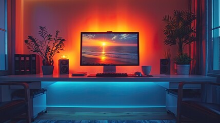 An inspiring setup for a home office workout space, promoting fitness in daily life, solid color background, 4k, ultra hd