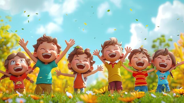 Animated group of kids playing Simon Says on the school field, combining physical movement with attentive listening, solid color background, 4k, ultra hd