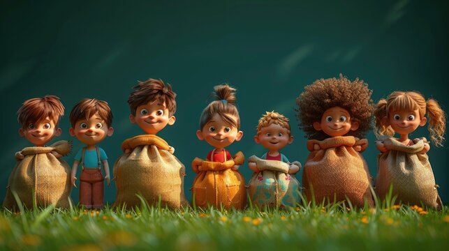 Animated kids partaking in a potato sack race, filled with laughter and playful competition on the school lawn, solid color background, 4k, ultra hd