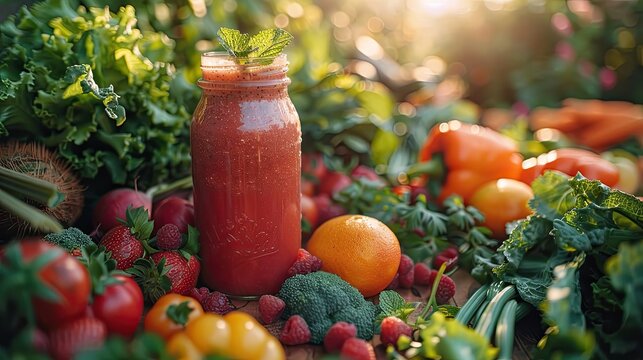 Afternoon garden maintenance break featuring garden-fresh vegetable smoothies and rustic, farm-style snacks, solid color background, 4k, ultra hd