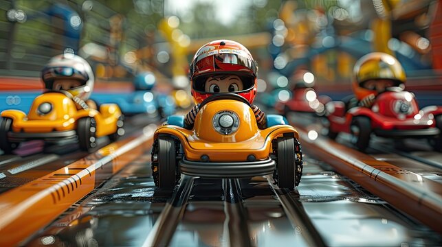 Animated youngsters racing pedal cars on a marked course, emphasizing fun, safety, and physical engagement, solid color background, 4k, ultra hd