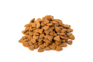 Heap of Dry dog food pellets isolated on white background