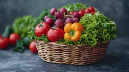 Basket filled with freshly harvested vegetables, symbolizing organic and healthy living, solid color background, 4k, ultra hd