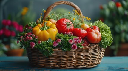 Basket filled with freshly harvested vegetables, symbolizing organic and healthy living, solid color background, 4k, ultra hd