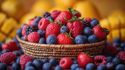 Basket of mixed berries and fresh fruits, symbolizing natural sweetness and health, solid color background, 4k, ultra hd