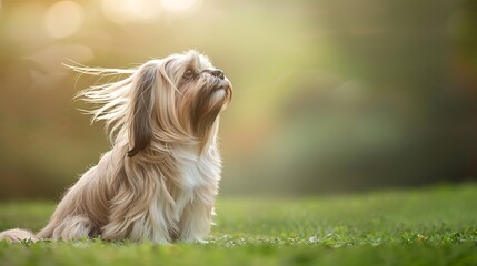 Beautiful Lhasa Apso dog with blowing hair sitting on a green background - obrazy, fototapety, plakaty