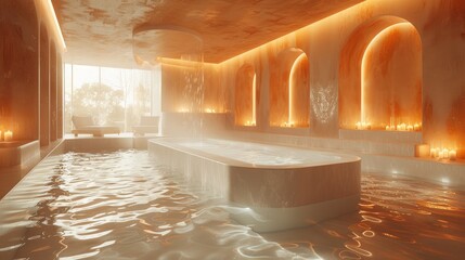 Calm, minimalist spa with a focus on floatation therapy, surrounded by soft, undulating light patterns, solid color background, 4k, ultra hd - obrazy, fototapety, plakaty
