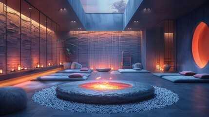Calming spa space with a central fire pit, ambient tribal rhythms, and plush, fur-lined loungers, solid color background, 4k, ultra hd - obrazy, fototapety, plakaty