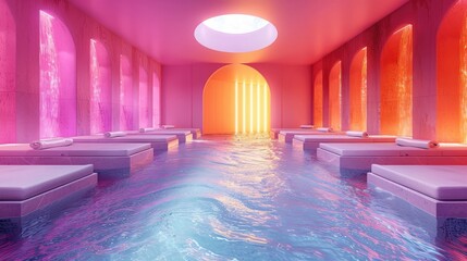 Fototapeta na wymiar Calming spa sanctuary with an emphasis on chromotherapy, featuring color-changing pools and lights, solid color background, 4k, ultra hd