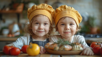 Children learning to cook healthy recipes, promoting early nutritional education, solid color background, 4k, ultra hd