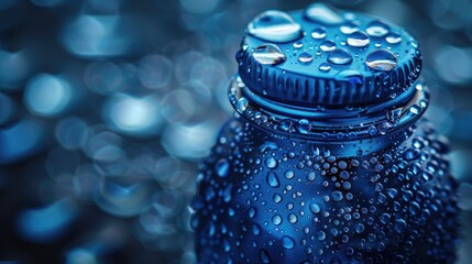 Close-up of water droplets on a chilled stainless steel bottle, reflecting a serene blue sky, solid color background, 4k, ultra hd - obrazy, fototapety, plakaty