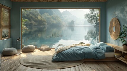 Comfortable, uncluttered sleep space with a serene, nature-inspired mural on the wall, solid color background, 4k, ultra hd