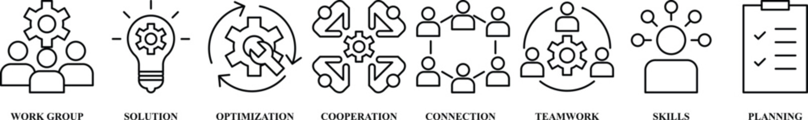 Business teamwork banner web icon vector illustration concept with icon of work group, solution, optimization, cooperation, connection, teamwork, skills, planning