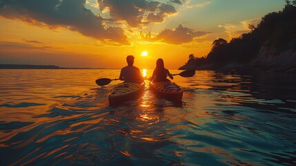 Couple on a romantic and active kayaking trip, blending adventure with connection, solid color background, 4k, ultra hd - obrazy, fototapety, plakaty