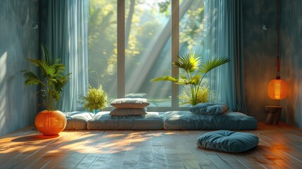 Cozy indoor nook with floor cushions and soft drapes, designed for meditation and journaling, solid color background, 4k, ultra hd - obrazy, fototapety, plakaty