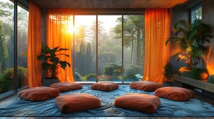 Cozy indoor nook with floor cushions and soft drapes, designed for meditation and journaling, solid color background, 4k, ultra hd